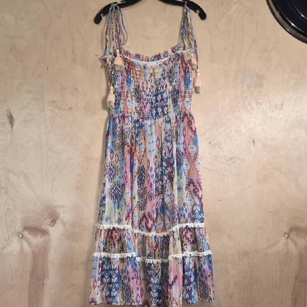 Multi-Color Smocked Tiered Midi Dress with Tassel Straps